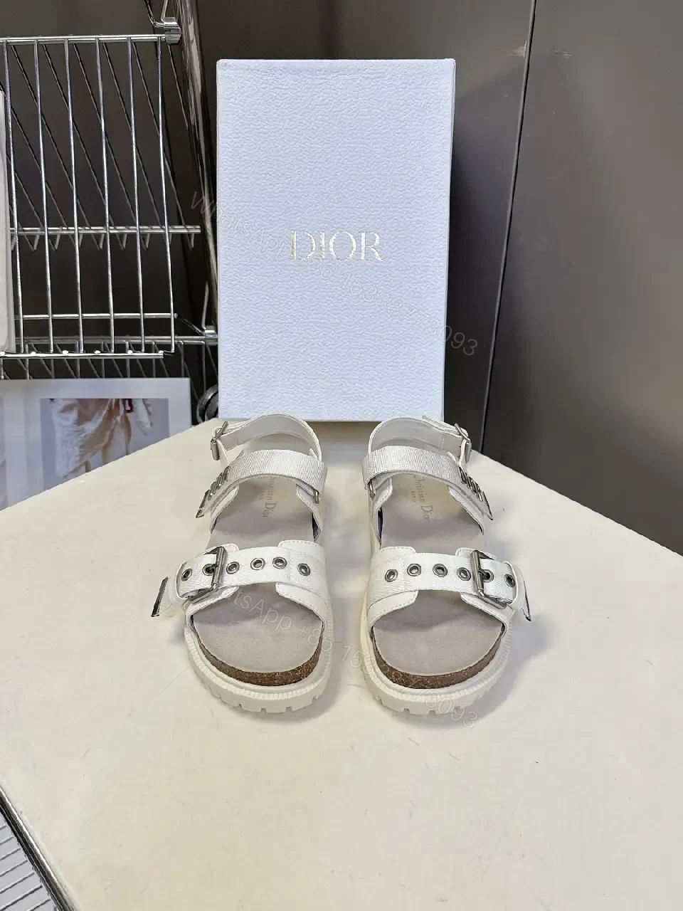 View 9 of White Leather Sandals, Combat Buckle, Dior Inspired Style, Open Toe Sandals