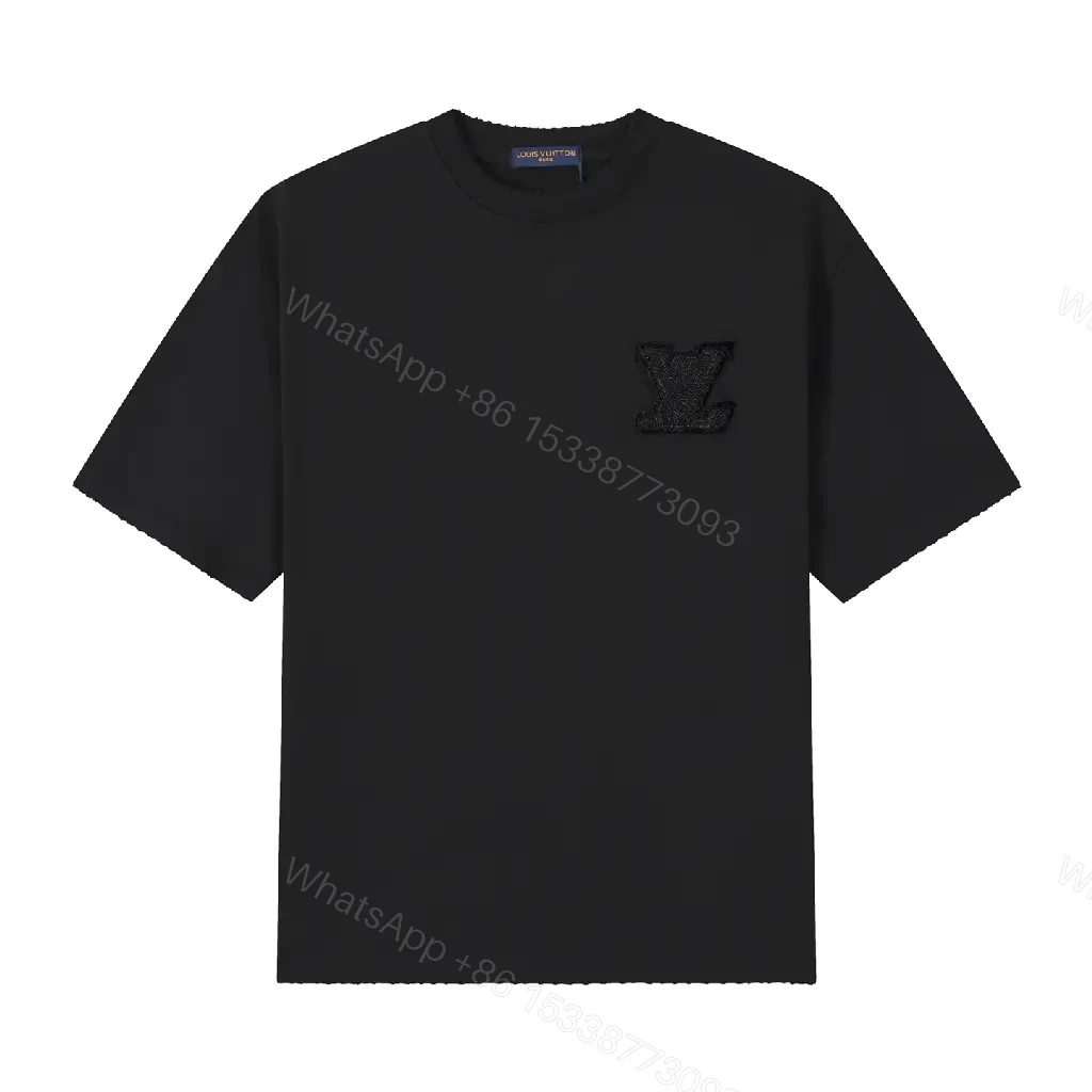 View 4 of Black Cotton-Blend Crewneck Tee: Subtle LV Embroidery, Luxury Comfort