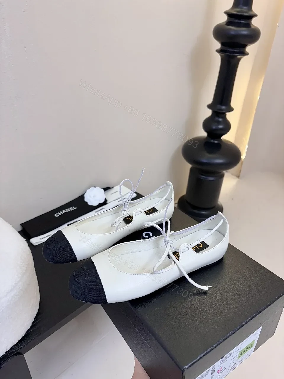View 7 of White/Black Two-Tone Ballet Flats – Crisscross Lace, Cushioned Comfort, Flat Shoes