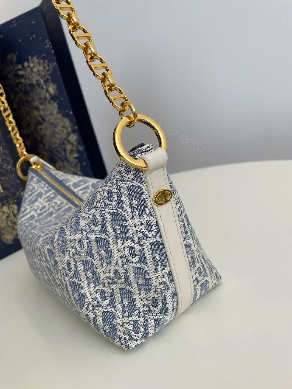 View 7 of Denim-Texture Mini Bag with White Leather Strap Signature Chic Luxury