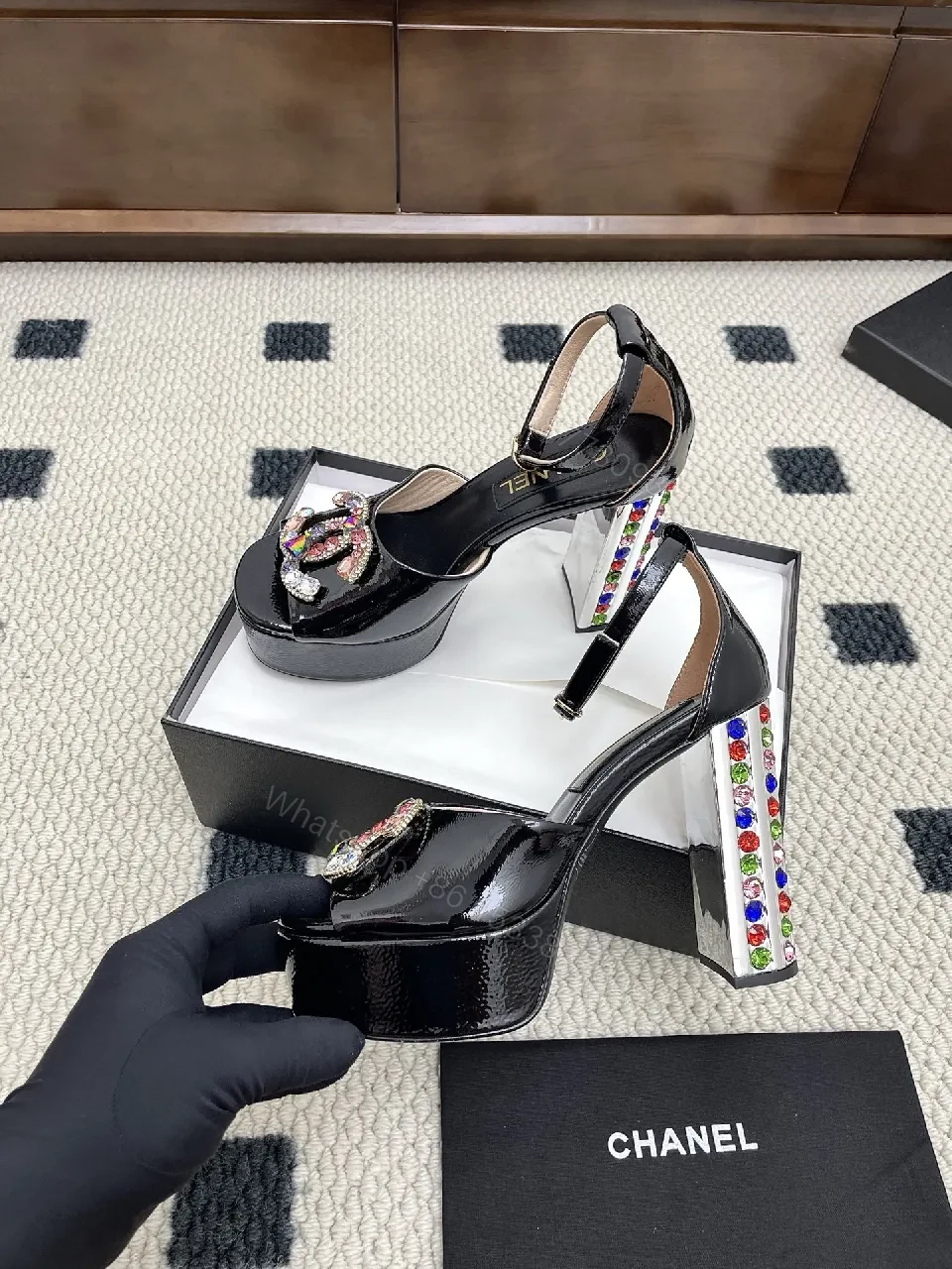 View 4 of Embellished Velvet Sandals with Crystal C-C Closure