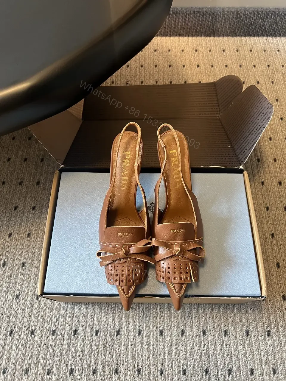 View 9 of Brown Leather Slingback Sandals Classic Style Open-Toe Prada Box Pair
