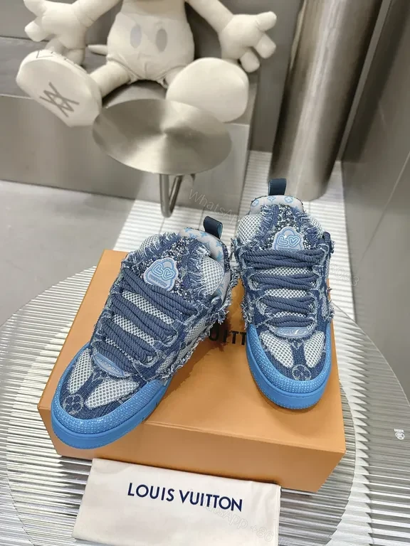 View 6 of Blue Denim-Textured LV-Style High-Tops: Luxe Streetwear Sneakers