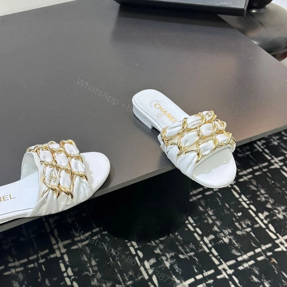 View 10 of Chanel Slide Sandals Gold Chain White