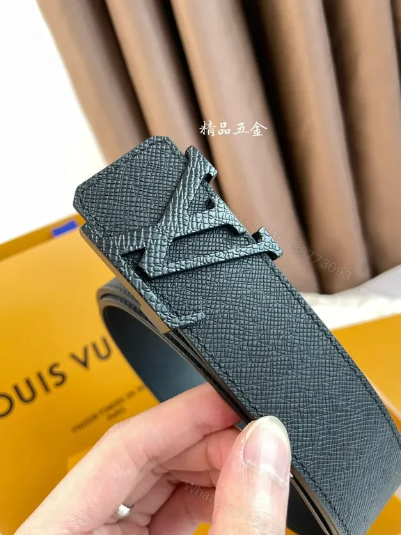 View 4 of Black Leather Belt with LV-Inspired Buckle, 40mm, Premium Calfskin