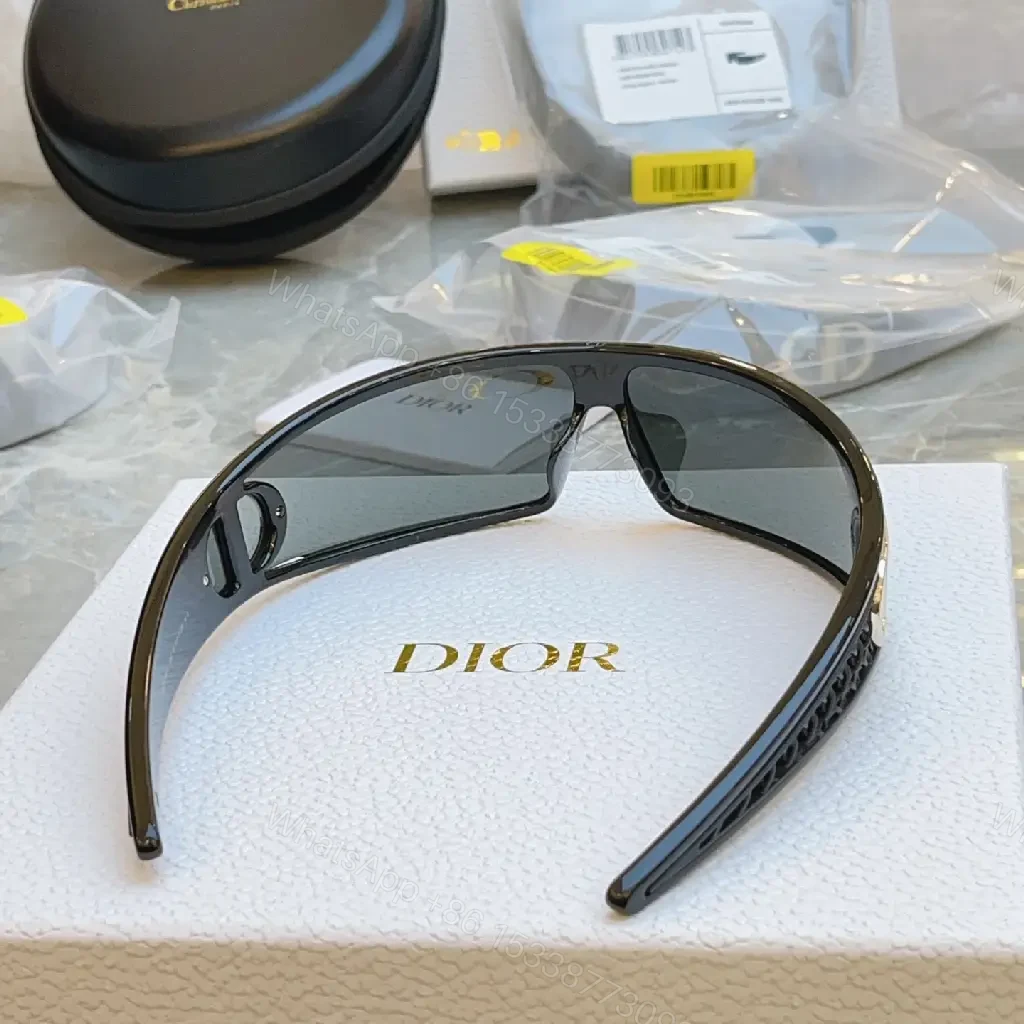 View 3 of Black Frame Sunglasses: Futuristic Wraparound, Dior Gold Logo Lenses