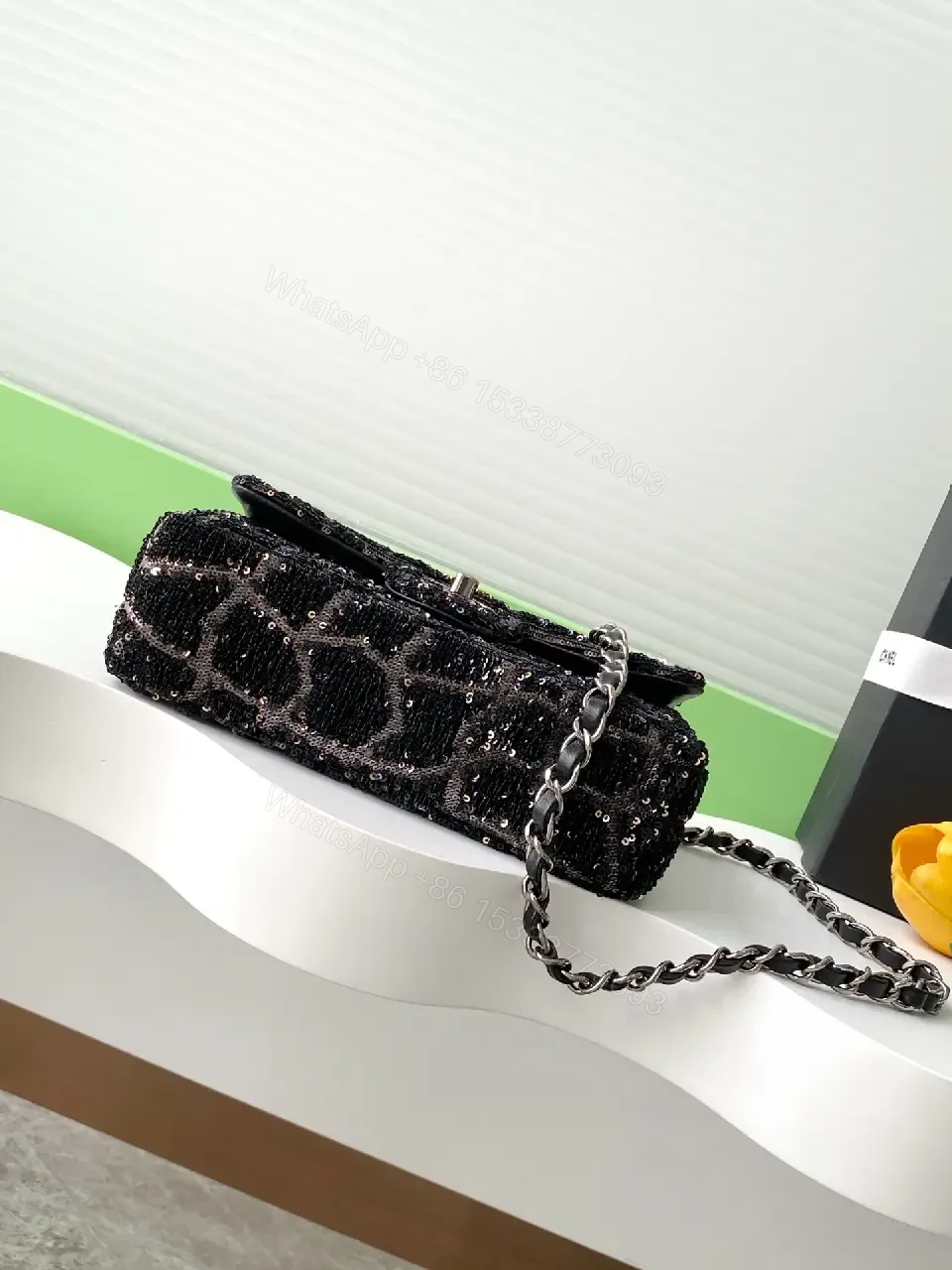 View 5 of Black Tweed Quilted Flap Bag with Silver Chain Strap