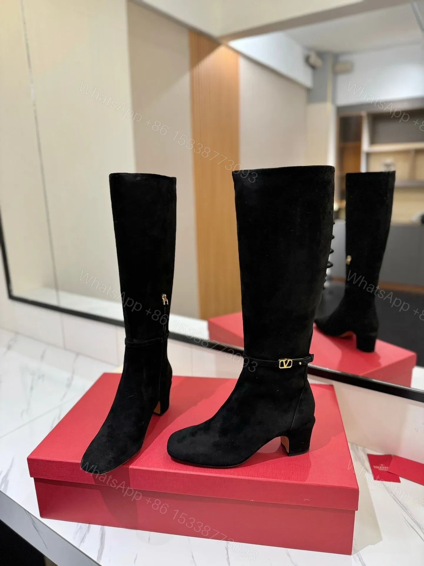 View 2 of Valentino Women Black Suede Mid Heel Boots