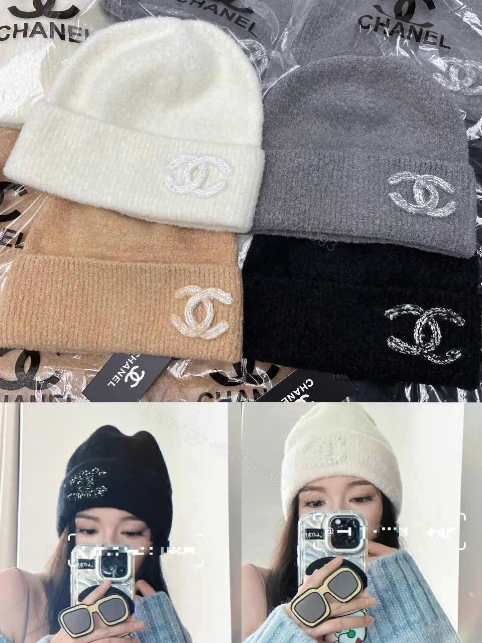 View 6 of Gray Knit Beanie, Plush Fleece, Couture-Inspired Emblem