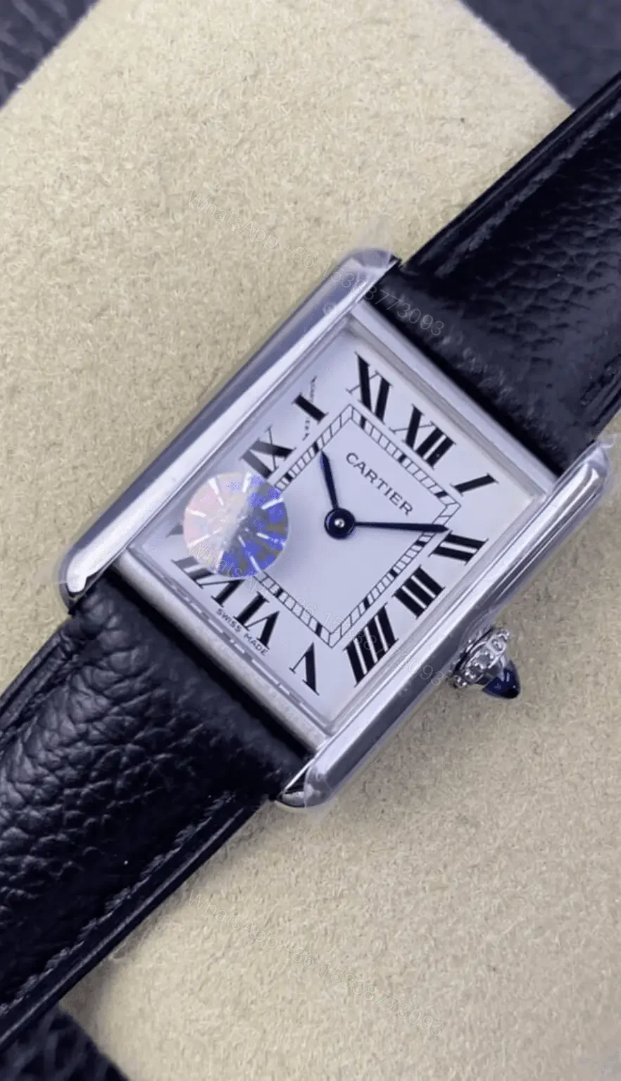 View 6 of Cartier Tank Replica Watch Black Leather Strap