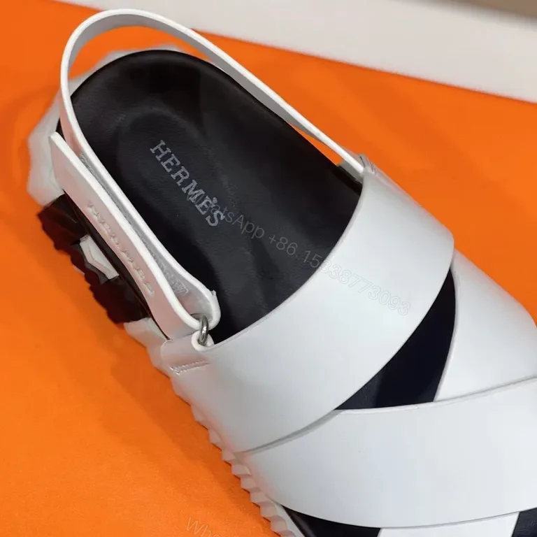 View 4 of White Leather Cross-Strap Platform Sandals - Hermes-Influenced Luxury