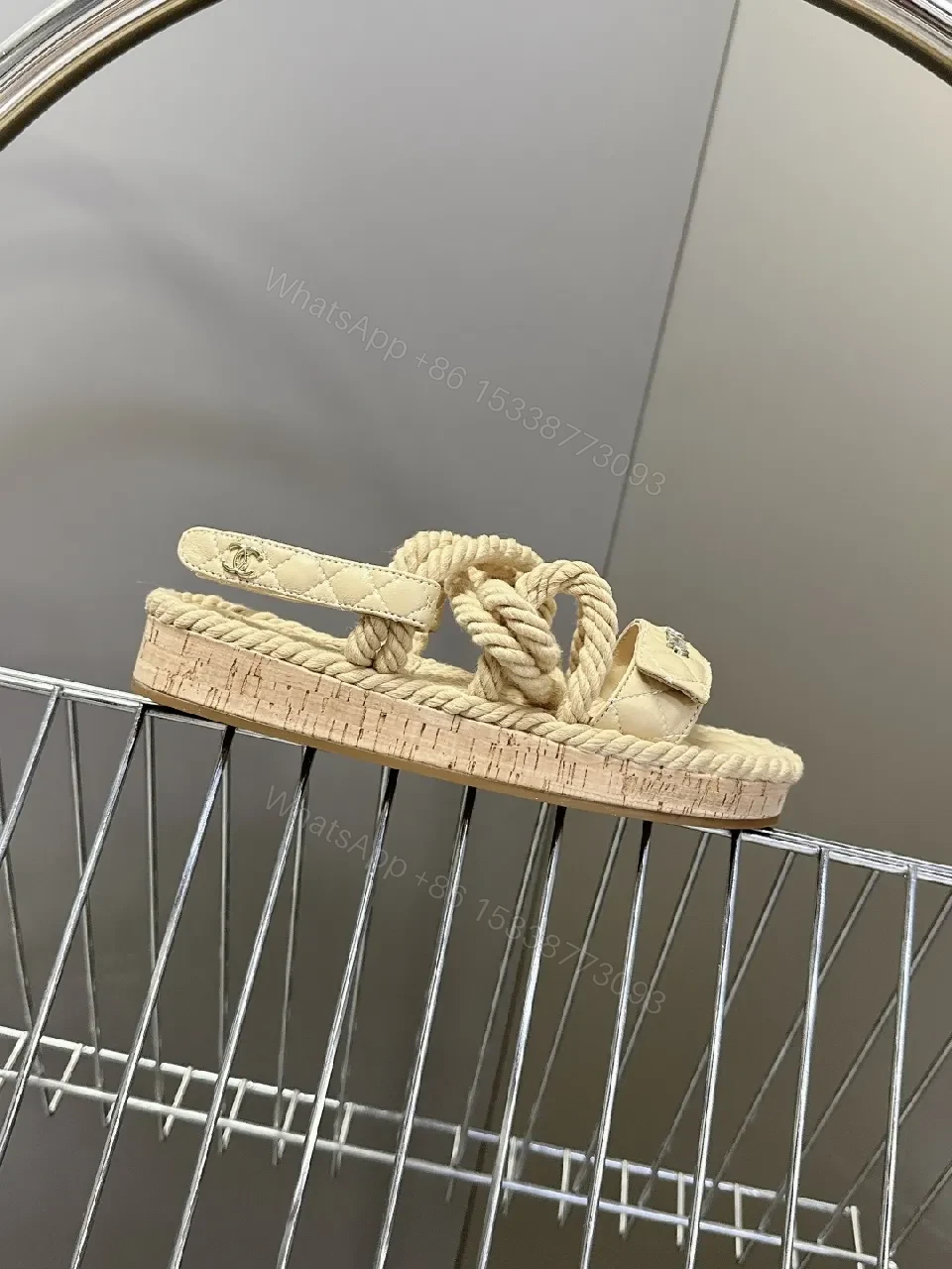 View 6 of Quilted Footbed Sandals with Knit Straps, Neutral Tone
