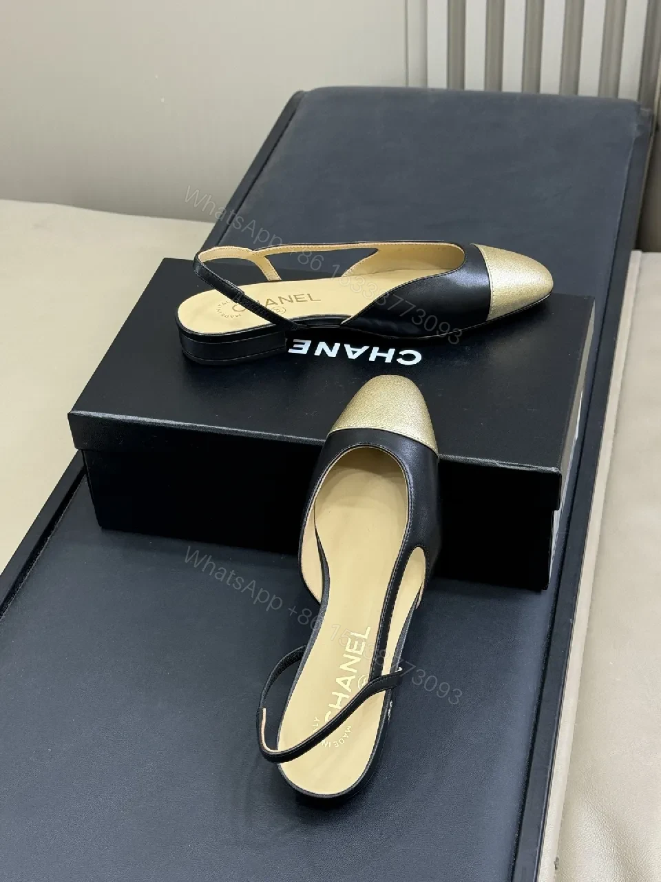 Gold-Toe Slingback Pump: Black Leather, Open-Back, All-Day Comfort — view 1