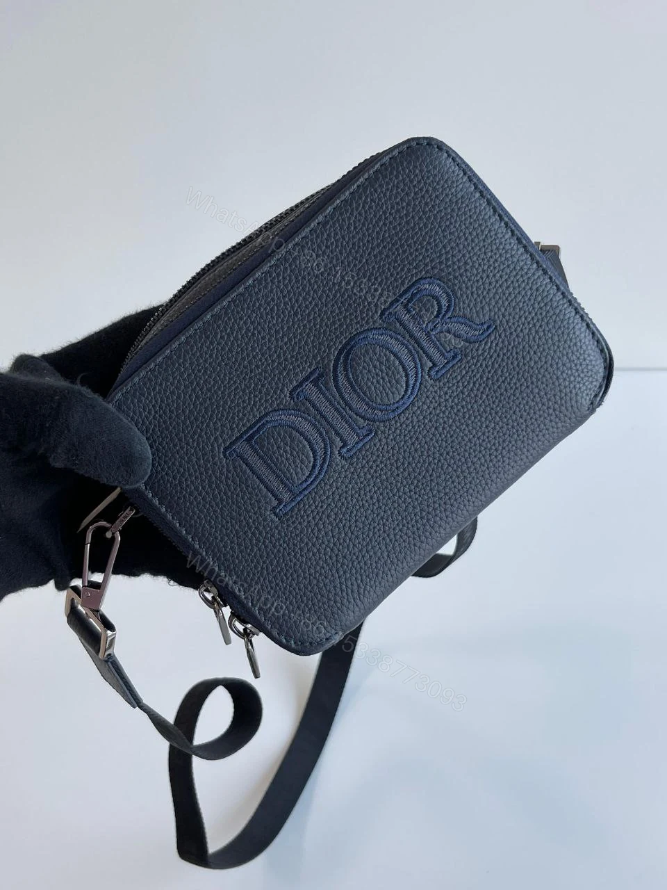View 4 of DIOR Grained Calfskin Pouch Navy Blue with dual compartments