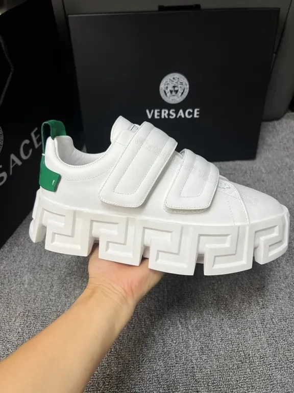 Bold White Platform Sneakers – Greek Key Detail, Velcro Straps — view 1