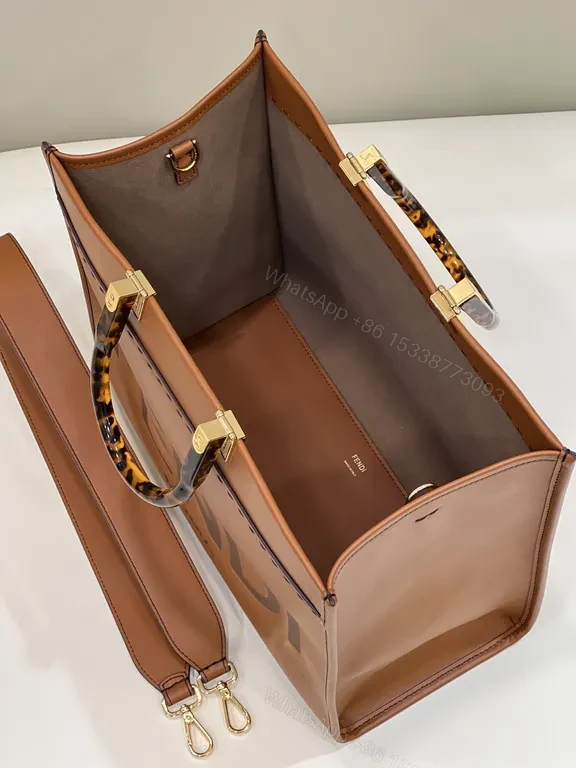 View 5 of Structured Cognac Leather Tote: Bold FENDI ROMA Logo, Premium Structure