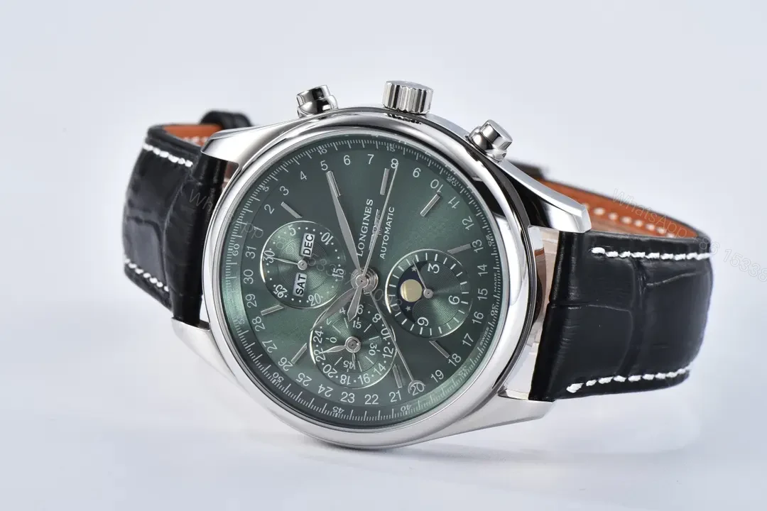 View 4 of Longines Master Collection Moon Phase Chronograph Watch Silver Case Black Leather Strap Green Dial Classic Elegant Style