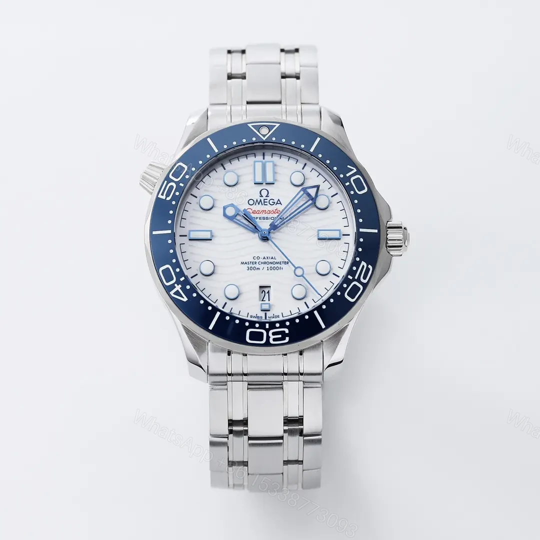 Omega Seamaster 300M Replica Watch White Dial Blue Bezel 42mm Stainless Steel Case and Bracelet Custom 8800 Movement — view 1