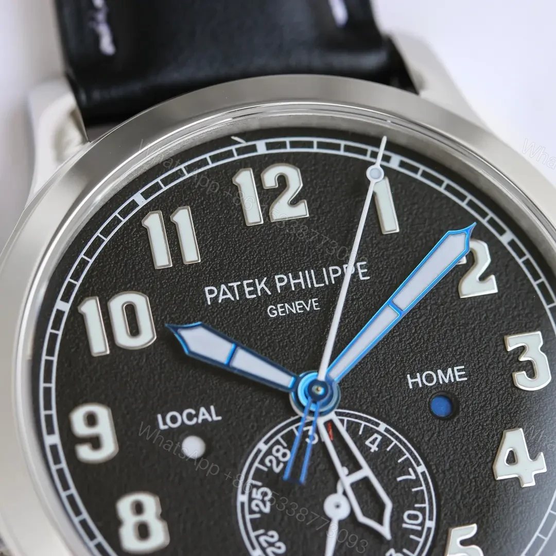 View 4 of Patek Philippe Calatrava Pilot Travel Time Watch Dual Time Zone Rose Gold Coffee/Deep Blue Dial 42mm Stainless Steel Case Blue Leather Strap