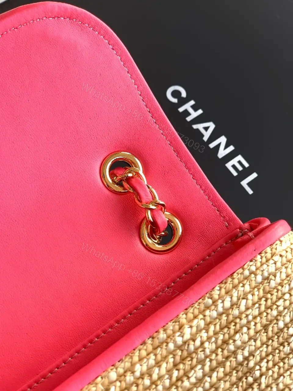 View 7 of Pink Trim Straw Bag with Chain Accent Compact Everyday Luxe