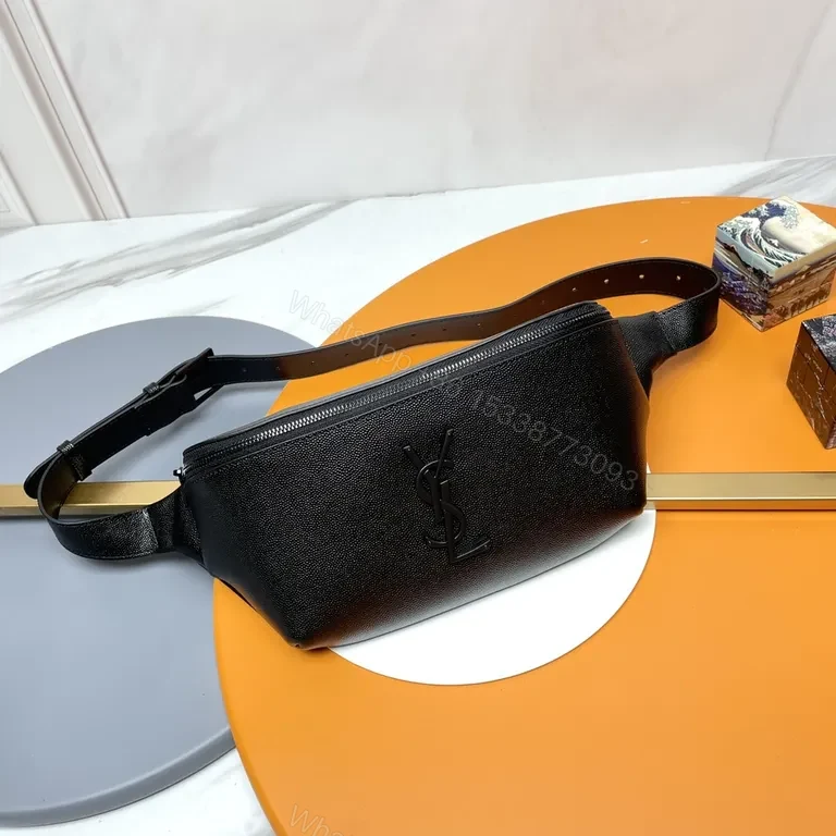 Sleek Black Leather Belt Bag with Monogram Accent — view 1