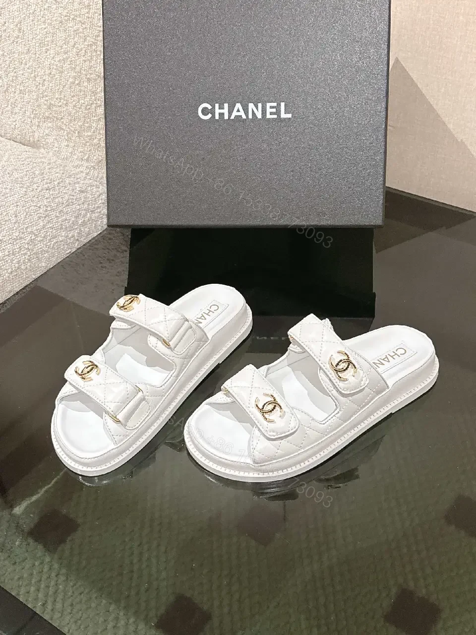 View 2 of White Leather Slides with Gold Accents - Luxe Comfort Slip-Ons