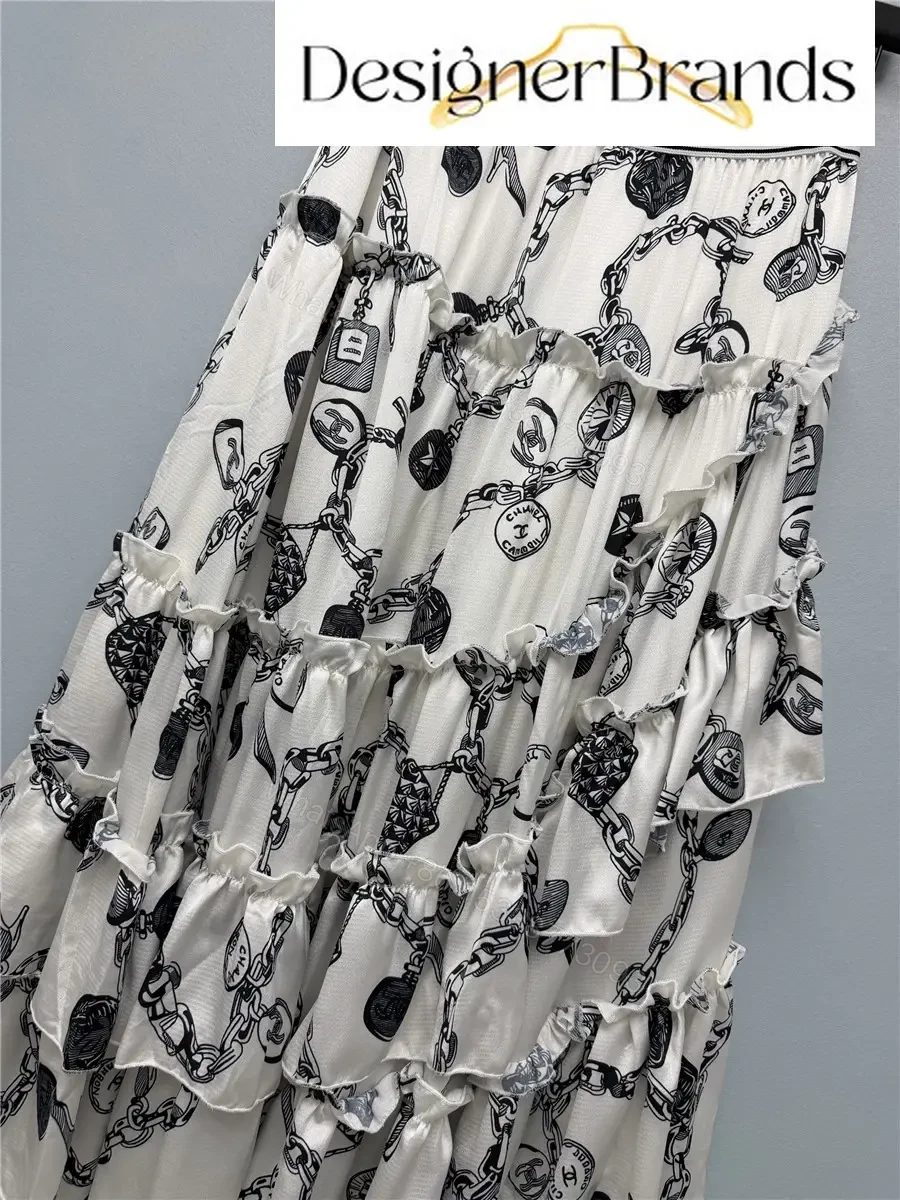 View 5 of Chanel White Maxi Dress with Black Chain Print