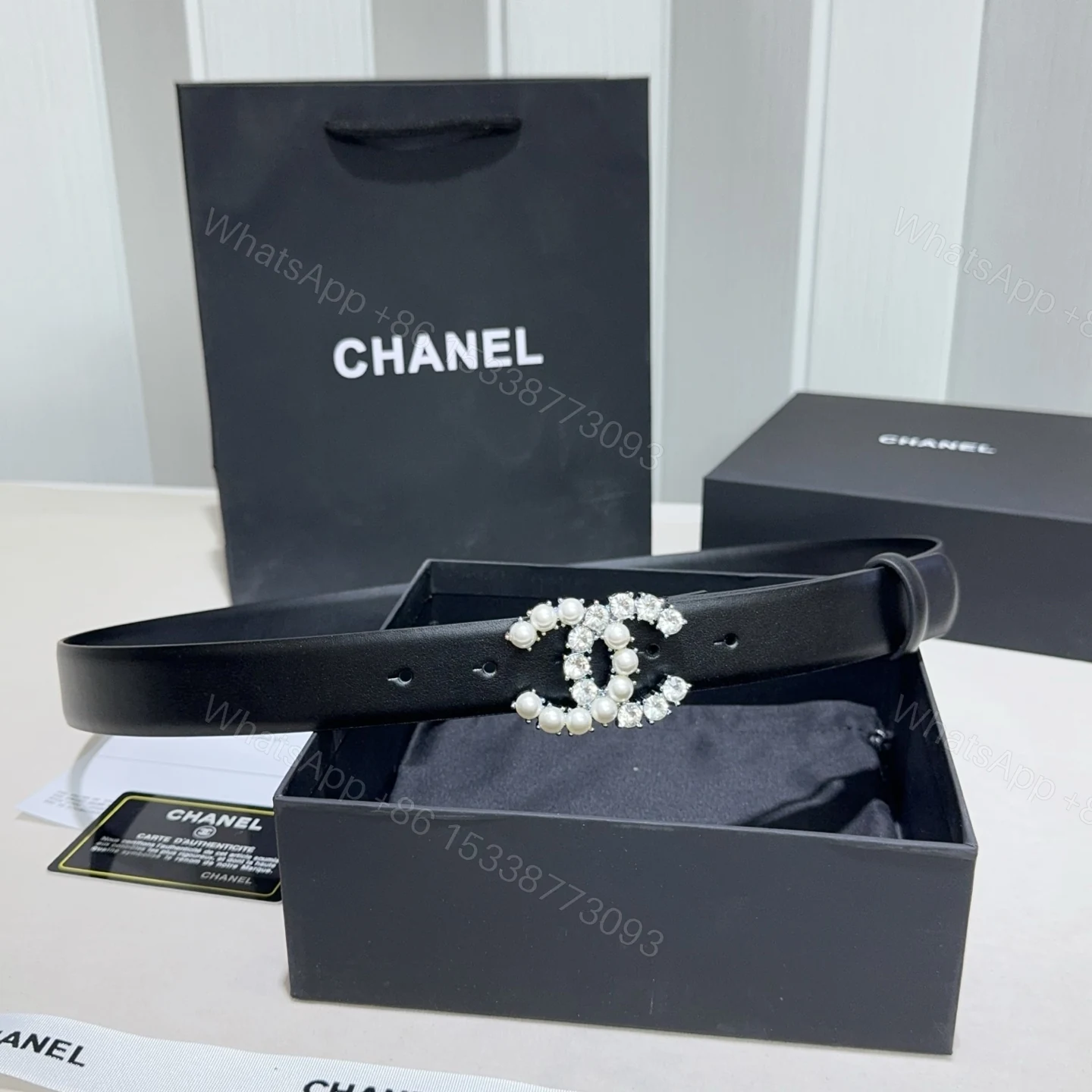 CHANEL 高仿 女款 珍珠雙C水鑽皮帶 氣質百搭時尚腰帶 — view 1