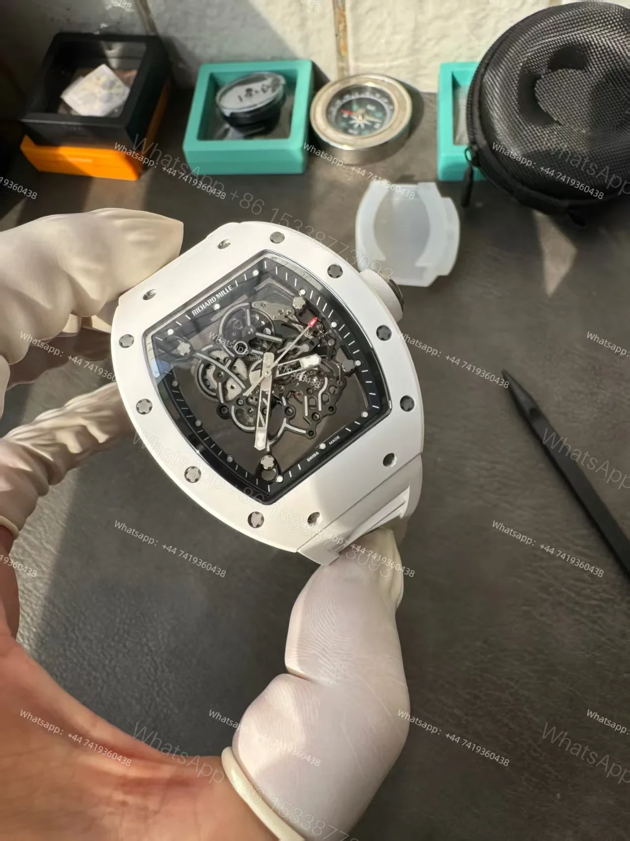 View 13 of Richard Mille RM 055 White Ceramic Skeleton Vaucher Free-Sprung Movement White Rubber Strap Custom Super Clone