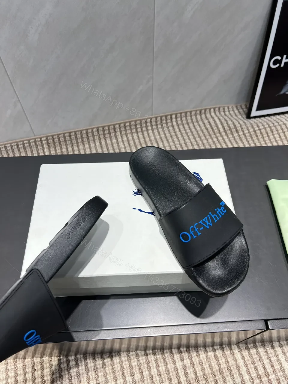 View 9 of Black Synthetic Slides | EVA Comfort | Minimal Luxe Edge + Blue Logo