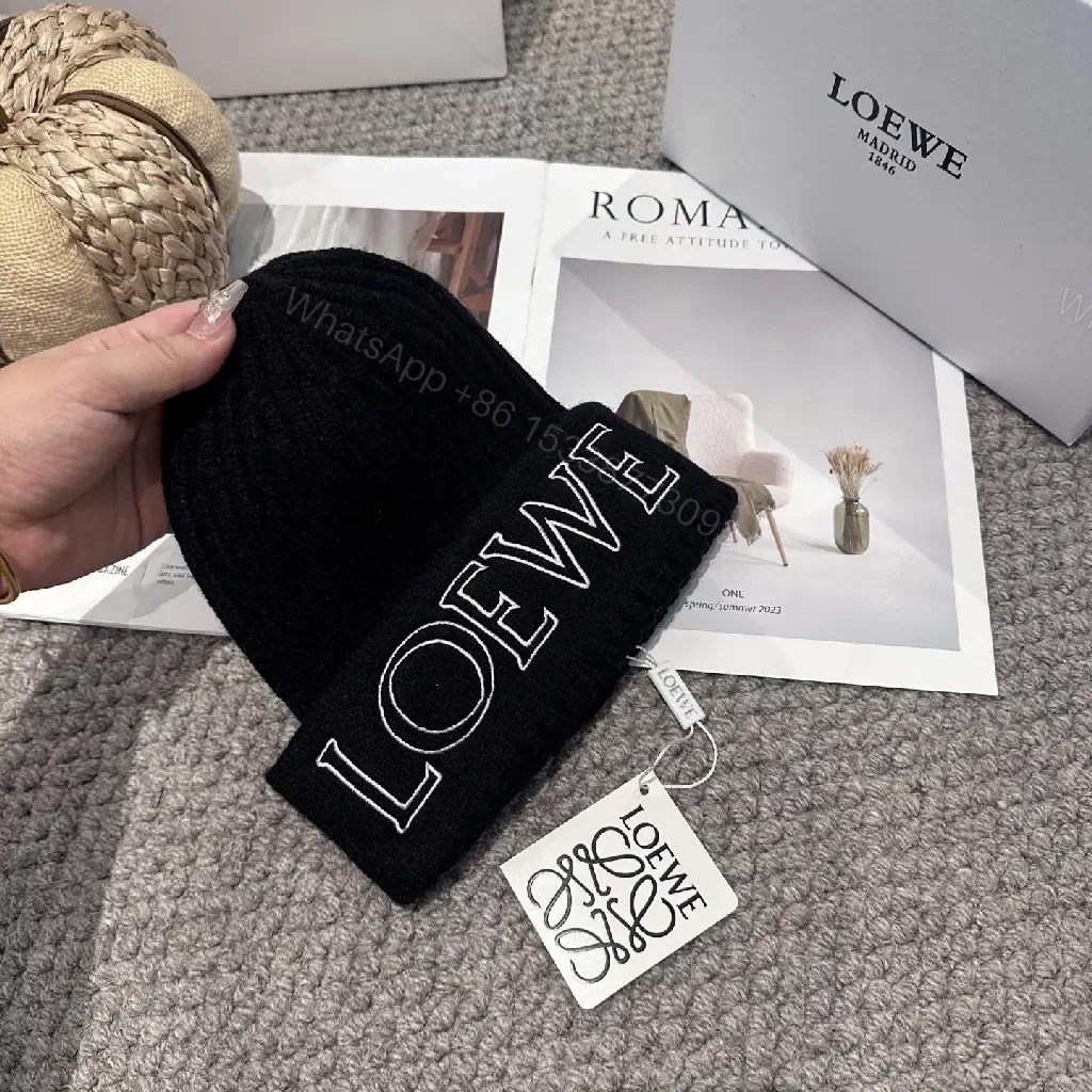 View 5 of Black Knit Beanie + Premium Knit + Chic Minimalist + LOEWE Logo Statement + Beanie