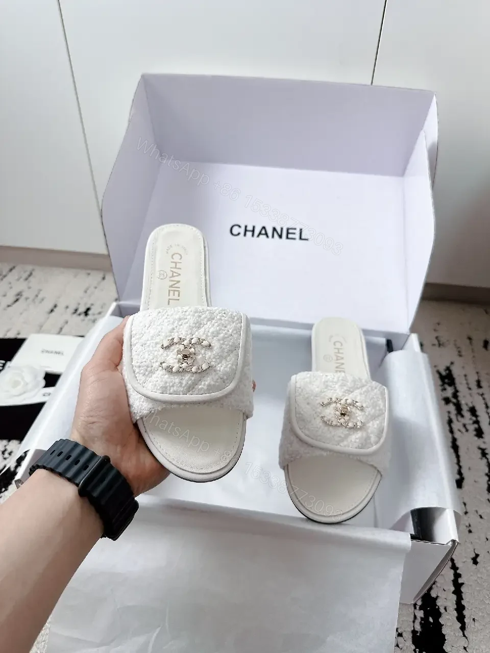 View 3 of White Bouclé Slip-Ons: Luxe Chanel-Esque Comfort Slides