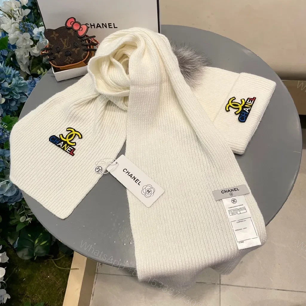 View 9 of Ivory Knit Scarf & Beanie Set: Subtle Designer Emblem