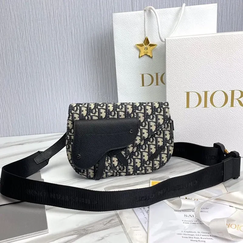 Compact Black Leather Dior-Inspired Monogram Messenger Bag — view 1
