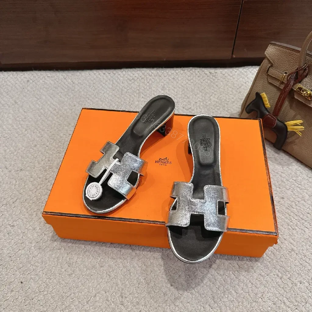 View 3 of Silver Metallic H-style Strap Sandals - Hermes Inspired Slide