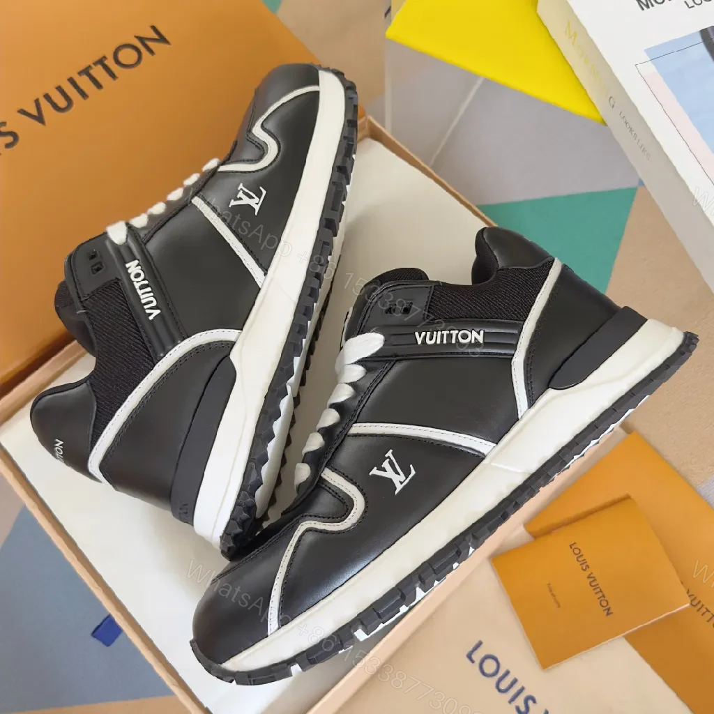 View 4 of Dynamic Runner: Black & White Leather-Sculpted Comfort Sneakers
