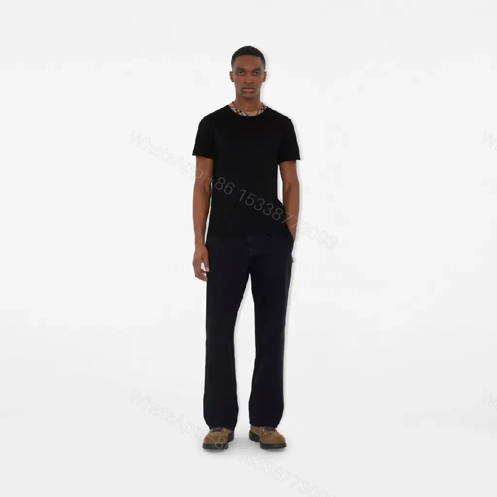 View 5 of Black Cotton T-shirt Plaid Neckline Detail Short Sleeve Tee
