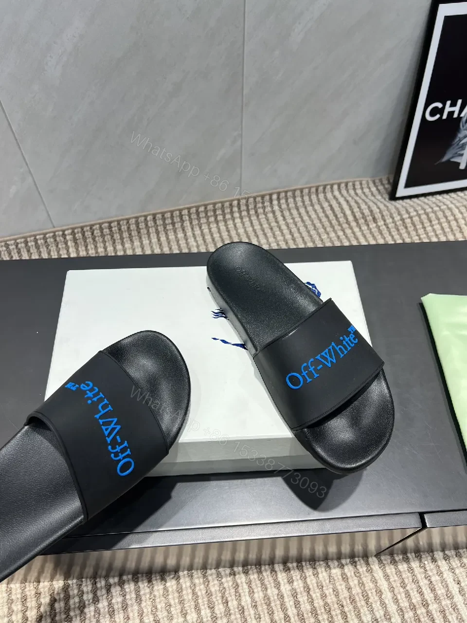 View 4 of Black Synthetic Slides | EVA Comfort | Minimal Luxe Edge + Blue Logo