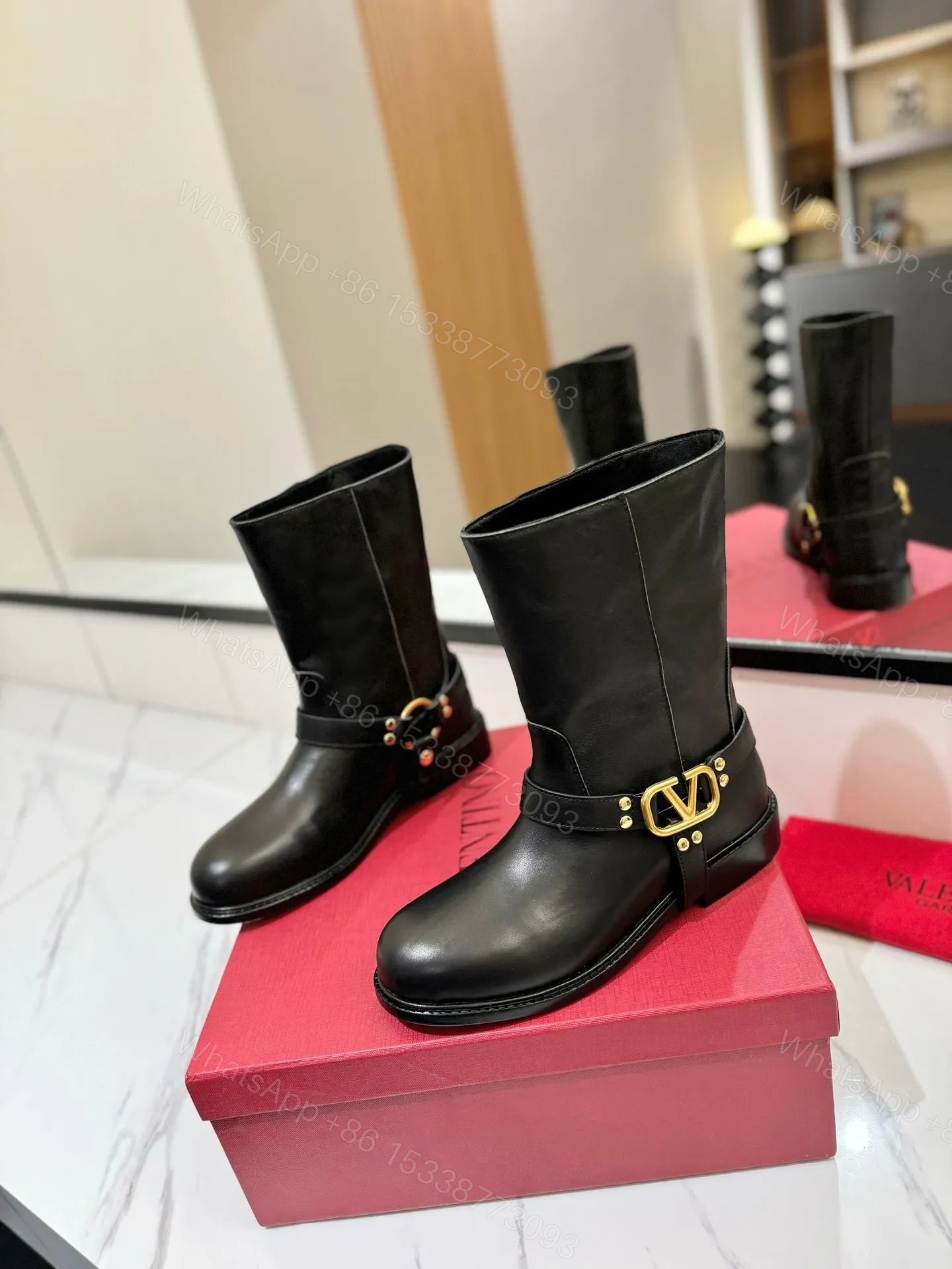 View 4 of Valentino Women Black Leather Mid-Calf Boots