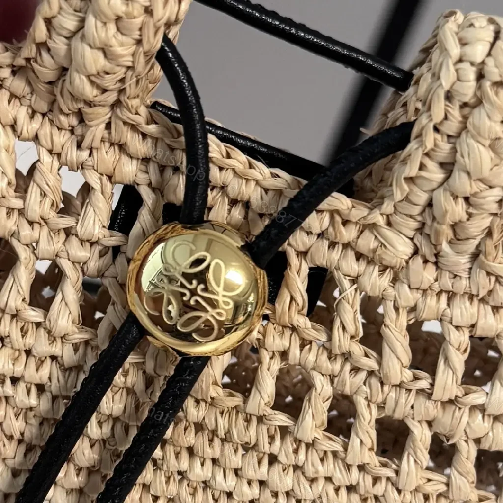 View 6 of Beige Straw Crochet Bag with LOEWE Logo Drawstring Tote