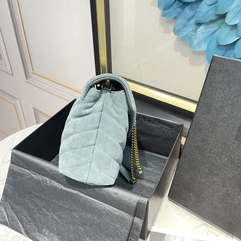 View 9 of Powder-Blue Suede Crossbody with YSL Monogram Gold Hardware
