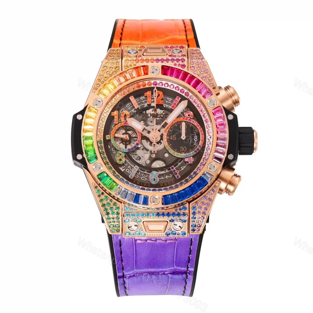 Hublot Big Bang Rainbow Replica 45MM Premium Rose Gold Case Purple Orange Leather Strap Edition RG-HUBLOT-RAINBOW-RG-45 — view 1