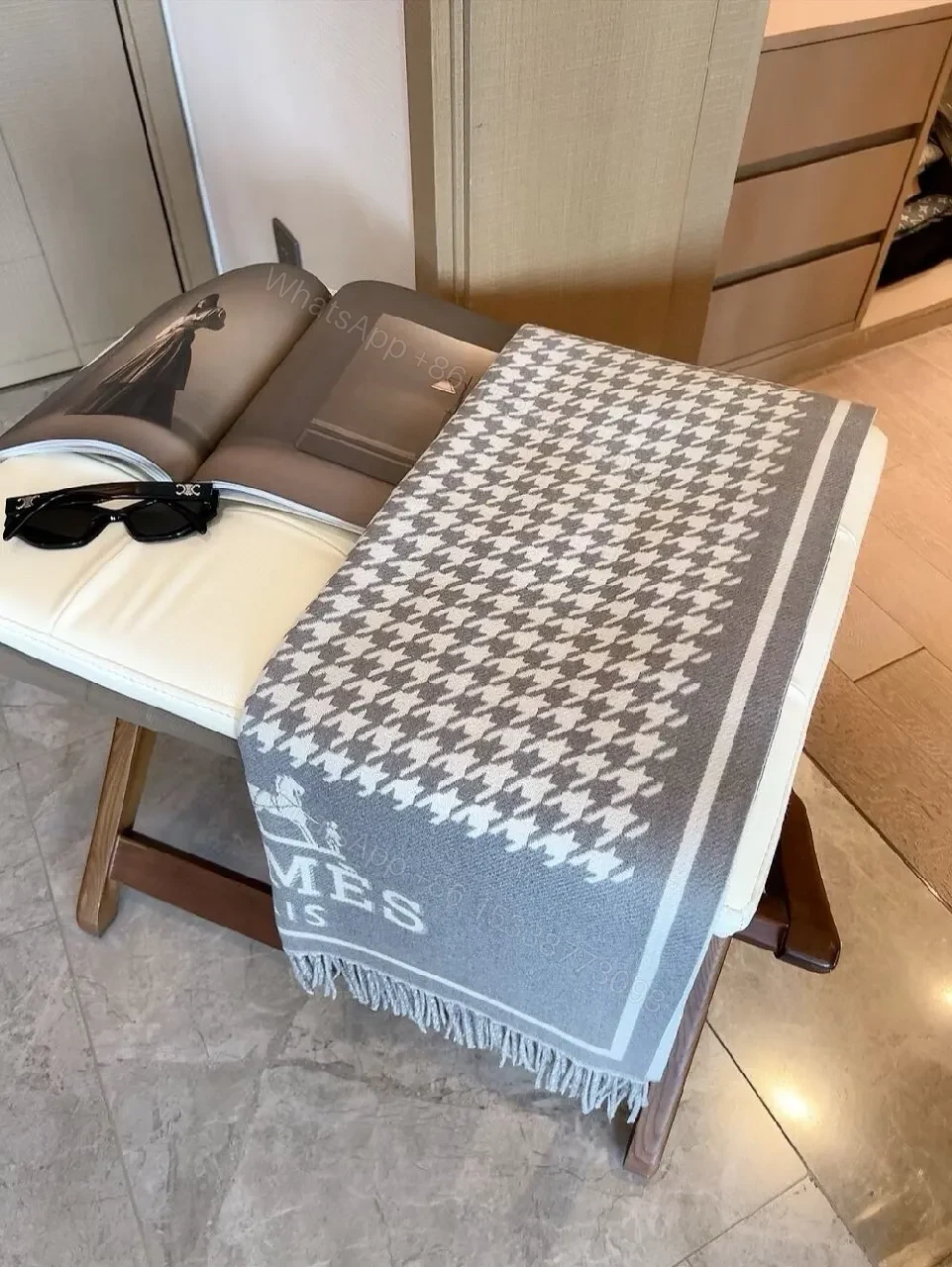 View 4 of Two-Tone Hermes-Inspired Knit Throw Blanket with Fringe