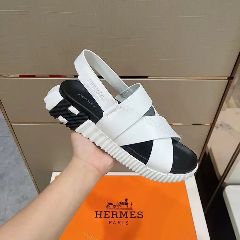 White Leather Cross-Strap Platform Sandals - Hermes-Influenced Luxury — view 1