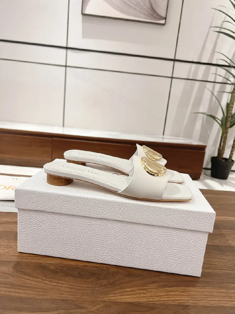 View 10 of White Leather Slide Sandals Gold Heart Buckle Dior Style Comfortable Sandals