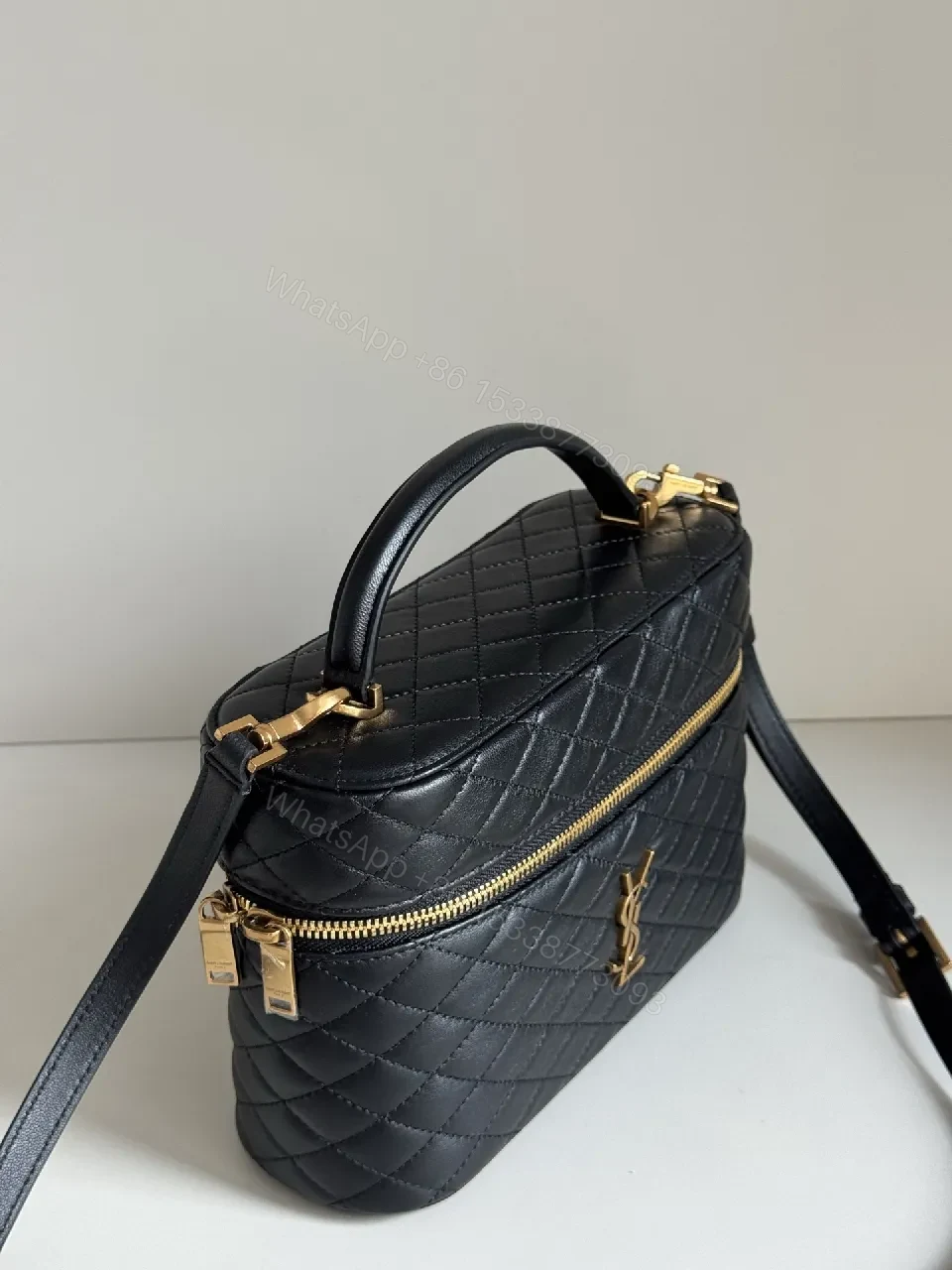 View 4 of Quilted Crossbody Bag: Black Leather, Gold-Detail, Compact Luxe