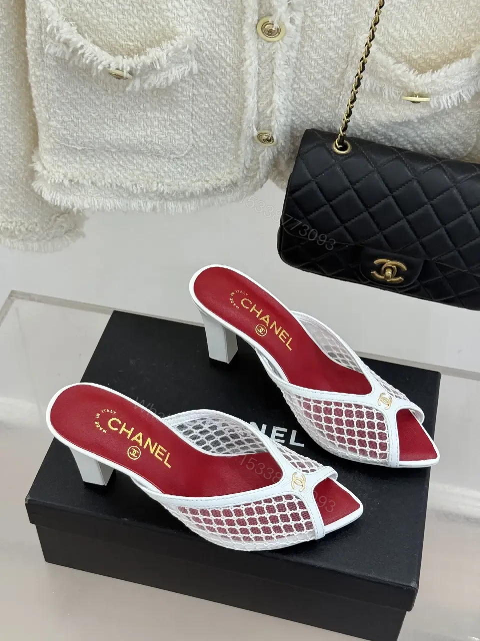 View 7 of White Mesh Leather Mule Heeled Slide Sandals