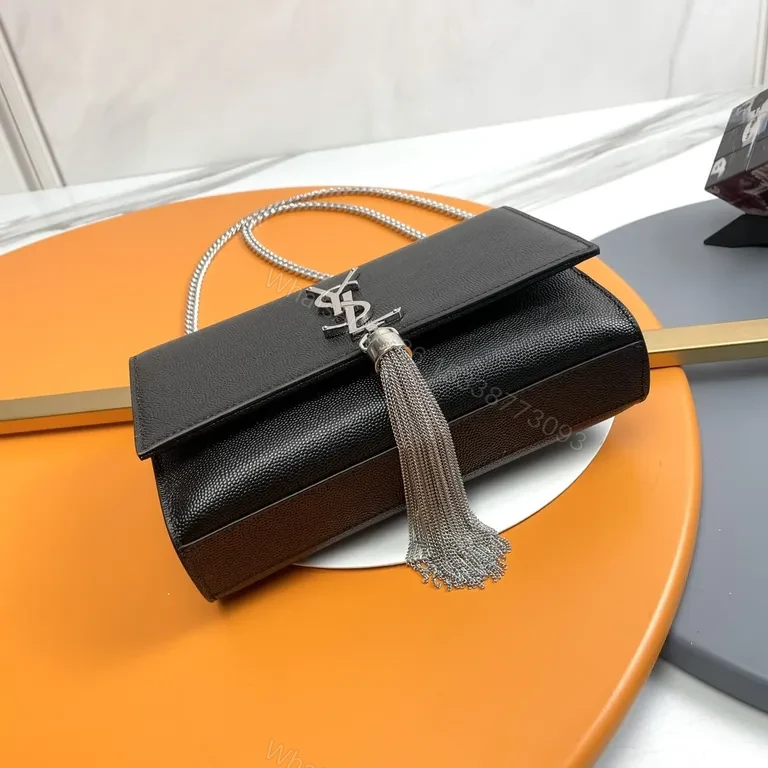 View 3 of Chic Black Pebble Leather Crossbody Clutch with YSL Hardware