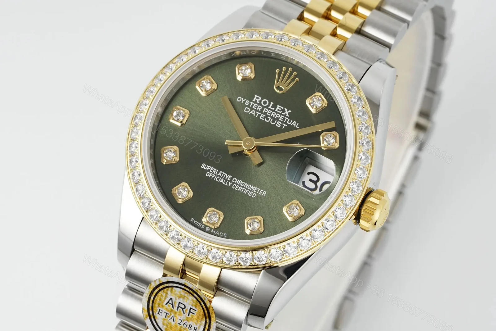 View 3 of Rolex Datejust Diamond Olive Green Dial Yellow Gold Diamond Bezel 36mm RLX-DJ-DIA-OLV36