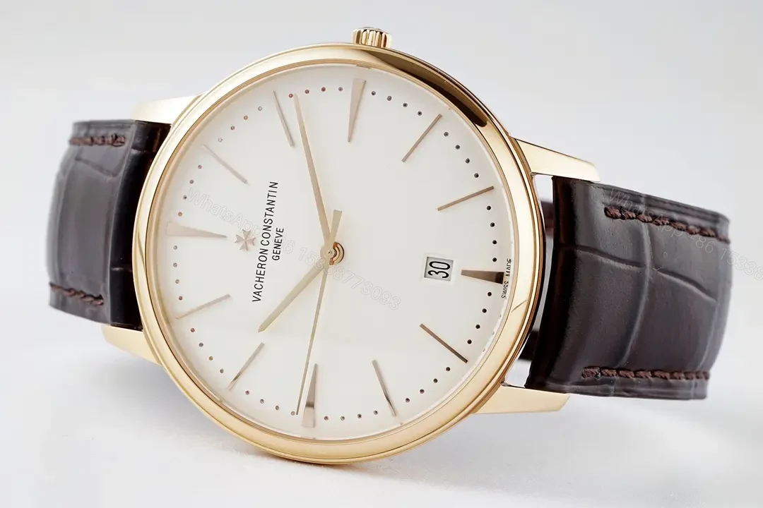 View 7 of GS Factory Vacheron Constantin Patrimony 85180 Series Watch – Gold Case, White Dial, Brown Leather Strap, Minimalist Style